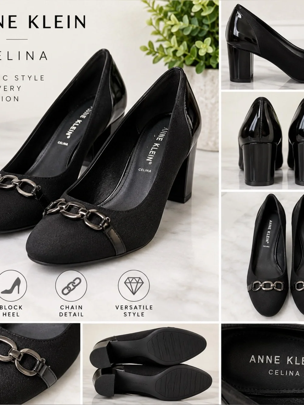 Anne Klein Celina Women’s Black Pumps Chain Detail Block Heel Dress Shoes